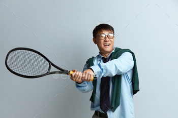 lding Rocket Isolated on Grey Studio Background. Excitement in Game, Human Emotions, Facial Expression and Passion With Sport Concept