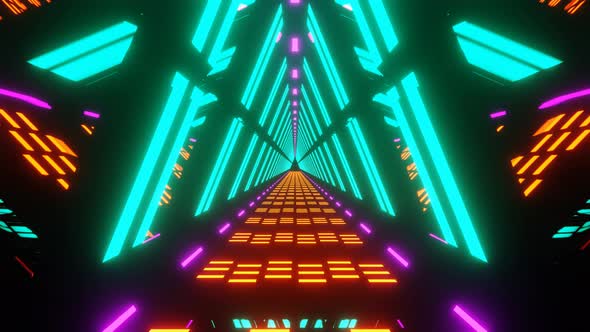 Abstract Technology Triangle Neon Tunnel in Outer Space Background 4K not nature light with mirror