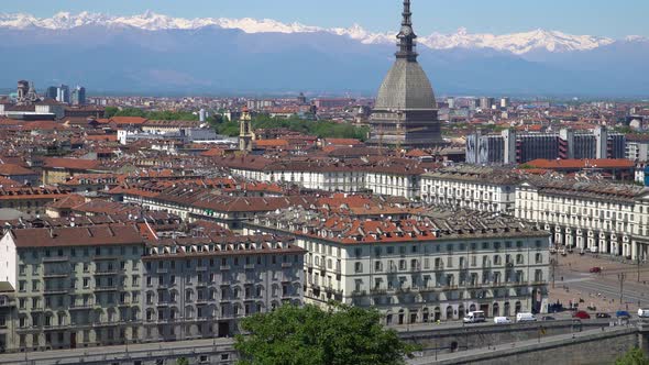 Turin Aerial Skyline Panorama with Mole Antonelliana