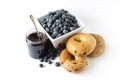 Fresh blueberries with blueberry jam and blueberry bagels. White background.  - PhotoDune Item for Sale
