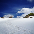 Snowy landscape with footprints forming a path and blue sky  - PhotoDune Item for Sale