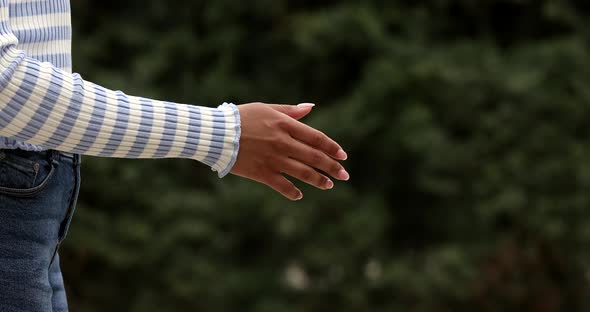 Close-up of handshake African woman and white man.