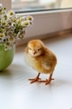 One small red-haired chicken on the background of a green mug with flowers - PhotoDune Item for Sale