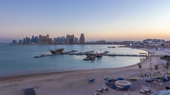 View From Katara Beach Day to Night Timelapse in Doha Qatar Towards the West Bay and City Center