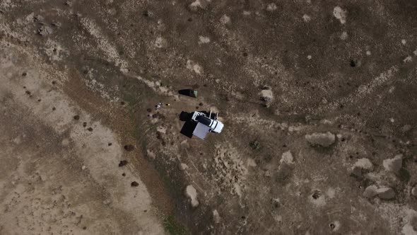 Top-down view of couple car camping in a Subaru Forester in Fruita Colorado, Aerial