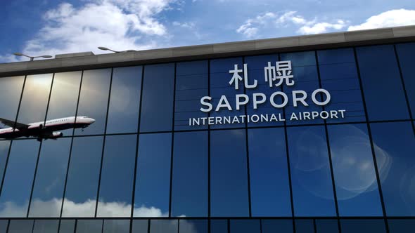 Airplane landing at Sapporo Japan airport mirrored in terminal