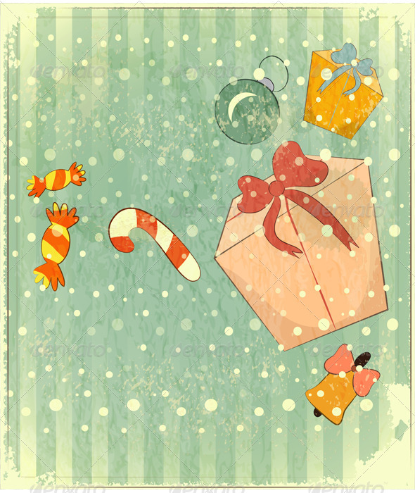 Christmas Retro Postcard with Toys and Gift Box