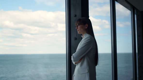 Pensive Woman Think Solution at Panorama Window Closeup