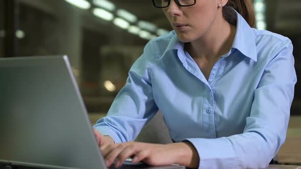 Worried Business Woman Checking Time Working on Computer, Project Deadline