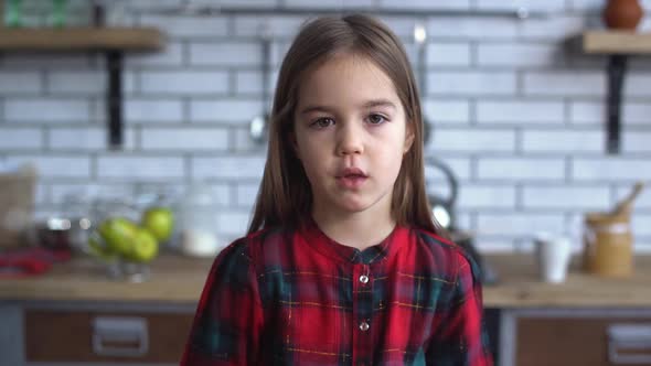 Portrait of a Cute Little Smiling Girl in a Checkered Shirt Standing in the Kitchen.