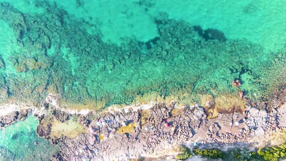 Panoramic aerial drone view of coastline with people sunbathing and relaxing