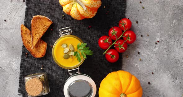 Pumpkin Soup with Vegetables on Napkin