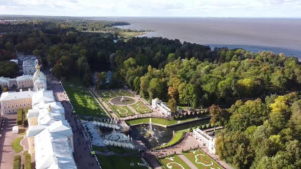 Aerial View of Peterhof Palace, with the Gardens, Parks, Water Fountains and Water Canals in the