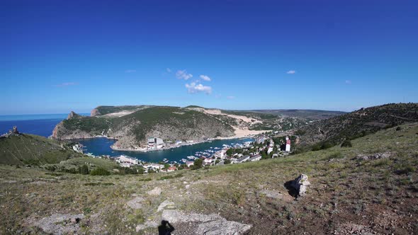 Panoramic View From Hill to Sea Bay with Yachts and Small Coastal Town in Mountain Area Ruines of