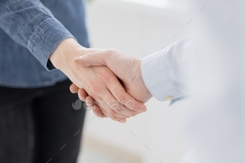 nd or handshake of two business partners or friends who have reached an agreement, signed a contract, made a purchase or sale of real estate, business and invested finances profitably, business partners seal their business relationship with a handshake, a symbol of reliability and trust