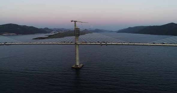 Aerial view of Peljeski bridge, Ston in Croatia.