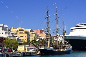  the island of Bermuda with a tall mast ship and a cruise ship docked – trip, travel, tourism, island, copy space, epic view – travel destination, vacation getaway, vacation, getaways, copy space, background, MargJohnsonVA, vibrant travel, ships, harbor, dock