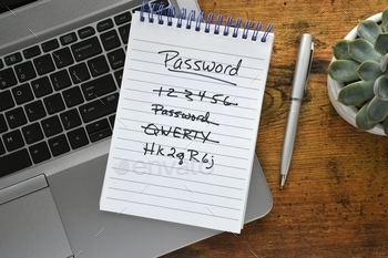 crossed out and a strong random more secure password. Concept for online security. Securing your device so it isn’t easy to guess or hack the password. Overhead flat lay of desk workspace with notebook. MargJohnsonVA