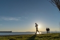Silhouetted runner in late day sun next to large body of water. - PhotoDune Item for Sale