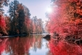 Autumn season changing red tree leaves reflecting on placid river. - PhotoDune Item for Sale