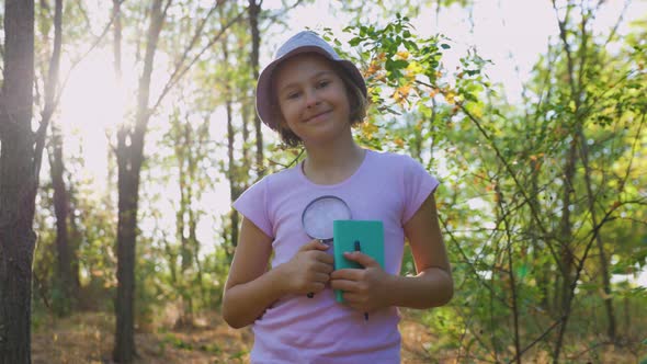 Portrait of a Small Child Naturalist Botanist with Magnifying Glass and Notebook in Hand