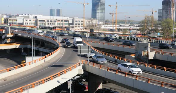 Belgrade, Serbia - cars on motorway highway bridge at day, urban background