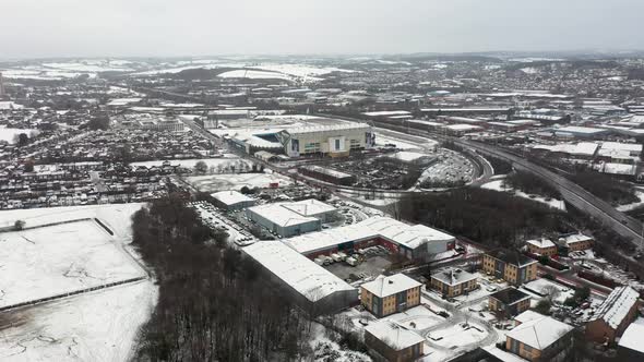 Aerial footage of the Elland Road football stadium in Leeds, West Yorkshire