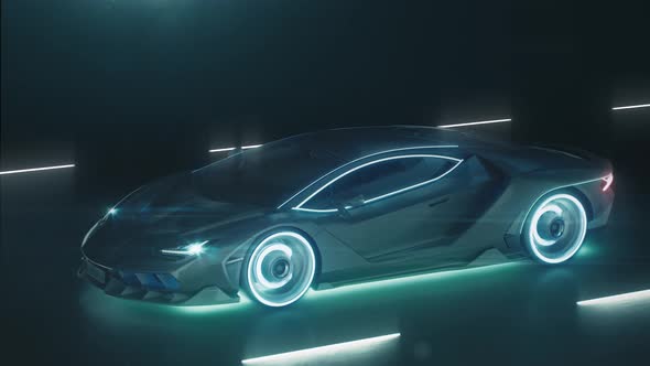 Sports Cyber Neon Car Rushes on the Night Road with Neon Lights alt