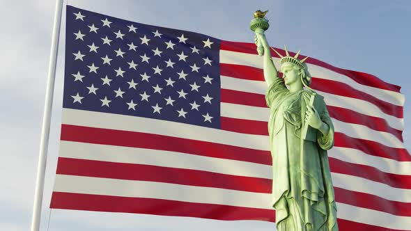 Statue of Liberty in Front of Waving American Flag