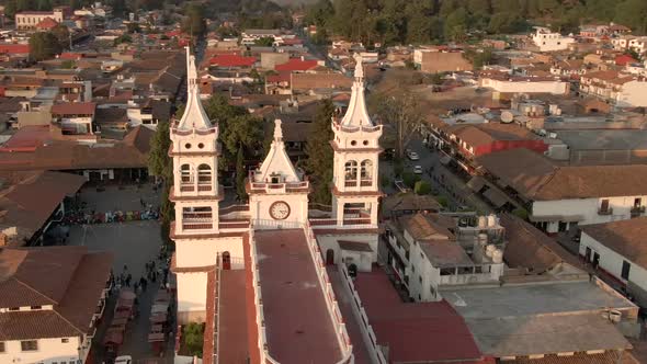 Aerial View Of Parroquia de San Cristobal, San Cristobal Parish Church At Sunset In Downtown of Maza