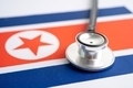 Black stethoscope on North Korea flag background, Business and finance concept. - PhotoDune Item for Sale