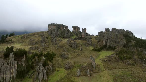 Popular Rock Formation Of Cumbemayo In Cajamarca City, Peru. aerial,