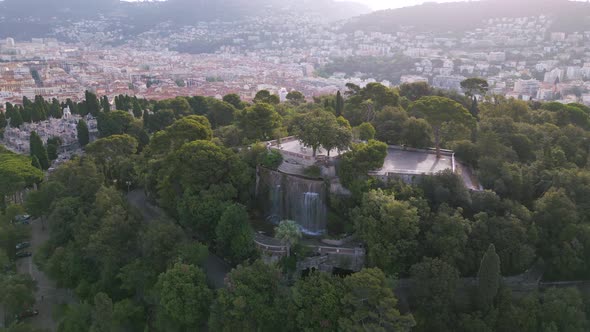 Aerial shot of Cascade Dijon, artificial waterfall at Castle Hill, Nice, France