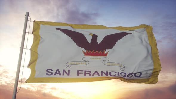 San Francisco Flag California Waving in the Wind Sky and Sun Background