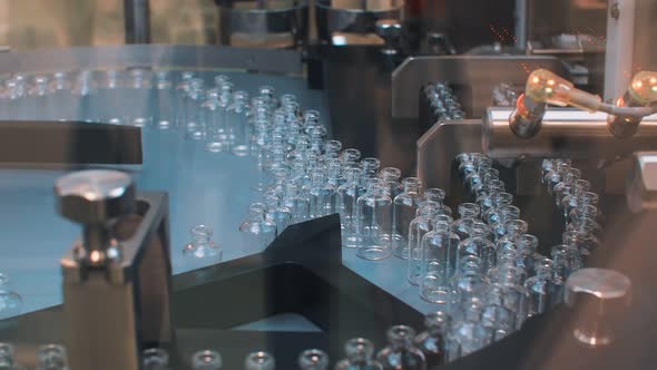 Glass Sterile Vials on the Line of a Pharmaceutical Factory That Have Been Washed, Dried and