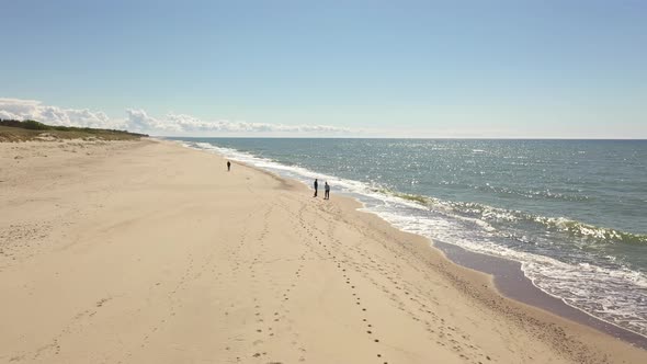 Two women are walking along the beach, view from a drone