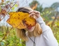 Woman looking through a large leaf in autumn  - PhotoDune Item for Sale