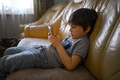 A five-year-old boy sits at home on the couch and plays the phone - PhotoDune Item for Sale