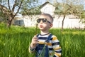 portrait of a cute little happy four year old kid boy with dandelion in green grass - PhotoDune Item for Sale