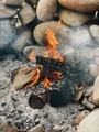 Burning wood in a smoky campfire made of rocks to protect it from the wind  - PhotoDune Item for Sale