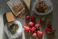 Fresh strawberries, cheese and butternut in eco bags on table in the kitchen. - PhotoDune Item for Sale