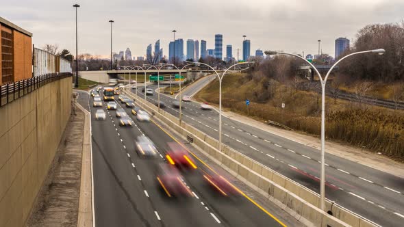 City skyscrapers with car traffic in Toronto