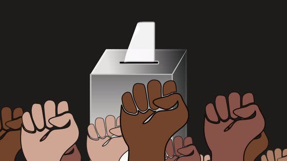 Fists of voters from different cultures in front of a ballot box - Digital animation on black