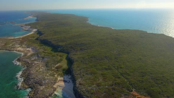 Aerial drone view rocky coastline on a tropical island beach and coast in the Bahamas, Caribbean