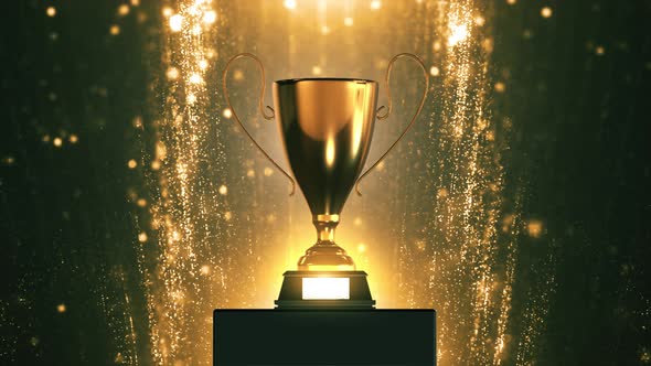 Champion Cup Rotating With Gold Particles Background