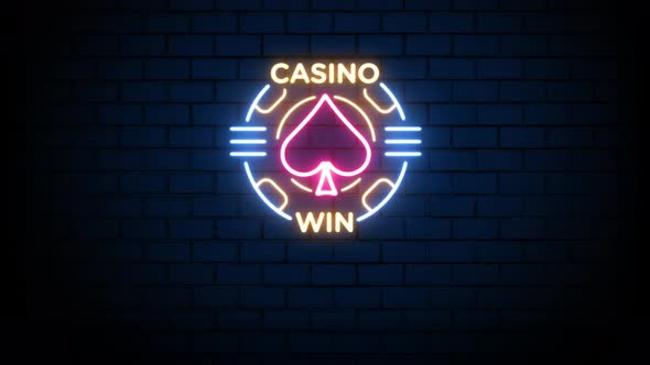 Casino Win Neon Sign on Brick Wall Background 4K