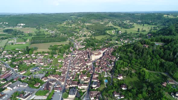 Village of Saint-Cyprien in Perigord in France seen from the sky