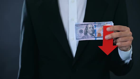 Man Holding Banknotes, Dollar Falling Relative to Japanese Yen, Stock Market