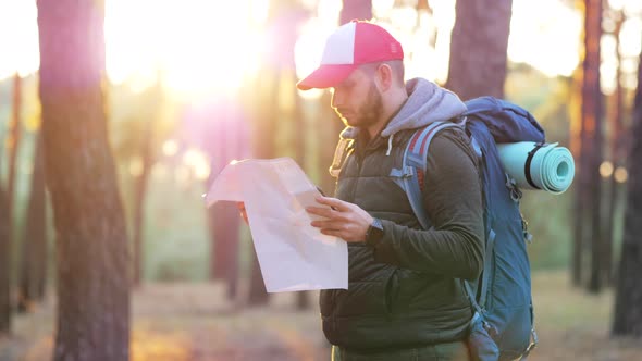 Adventure Man with Map and Extreme Explorer Gear on Mountain with Sunset