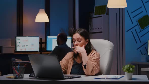 Exhausted Workaholic Executive Manager Woman Typing Financial Strategy